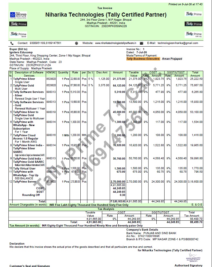 TallyPrime 7.1 Professional Invoice Template featuring 6 logos, company seal, signature, discount amount column, GST invoice format, and corporate invoice design by Niharika Technologies.