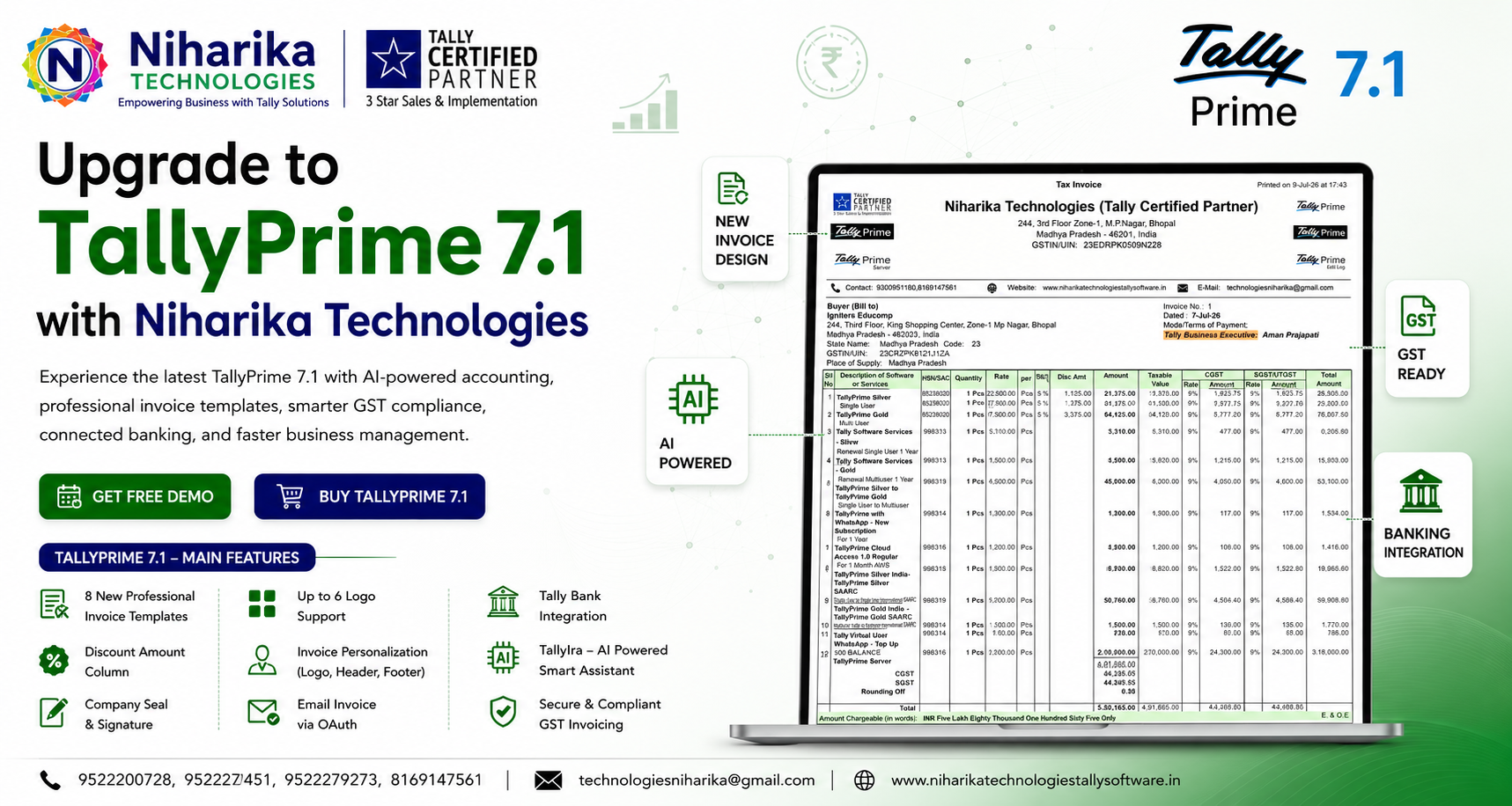 Upgrade to TallyPrime 7.1 banner by Niharika Technologies featuring Professional Invoice Templates, TallyIra AI, GST compliance, Banking Integration, Company Seal, 6 Logo support, and Tally Certified Partner.