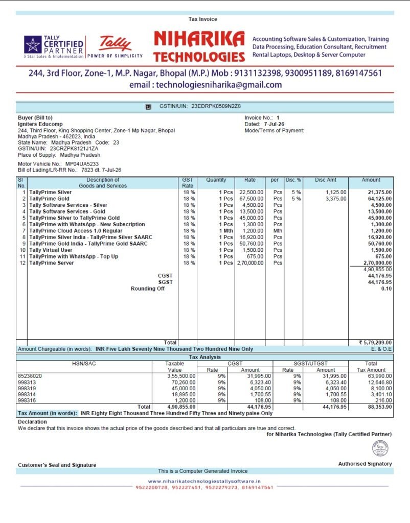 Tally Prime 7.1 Letter Pad Invoice Format – Professional GST invoice template with custom company branding, logo, address, and contact details for business billing