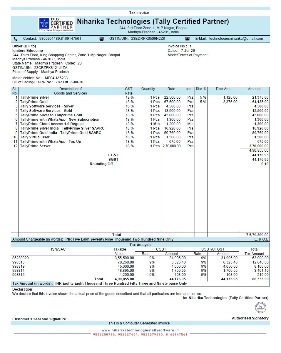 Tally Prime 7.1 Minimum Field Invoice Format – Simple GST invoice template with company logo, GSTIN, contact details, and clean professional print layout.