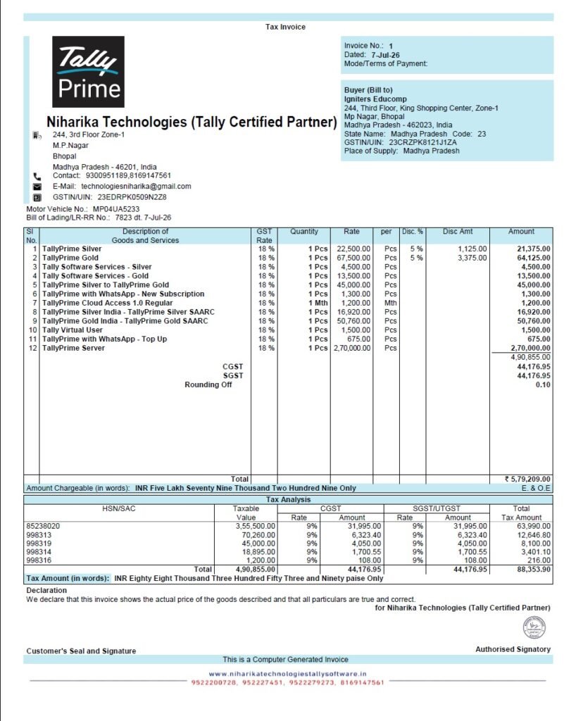 Tally Prime 7.1 Minimum Field Invoice Template with compact GST invoice layout, company logo, buyer details, and professional billing format.