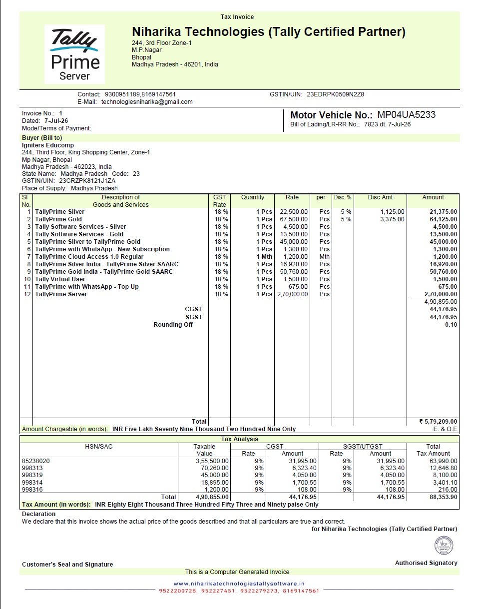 Tally Prime 7.1 Motor Vehicle Number Invoice Format