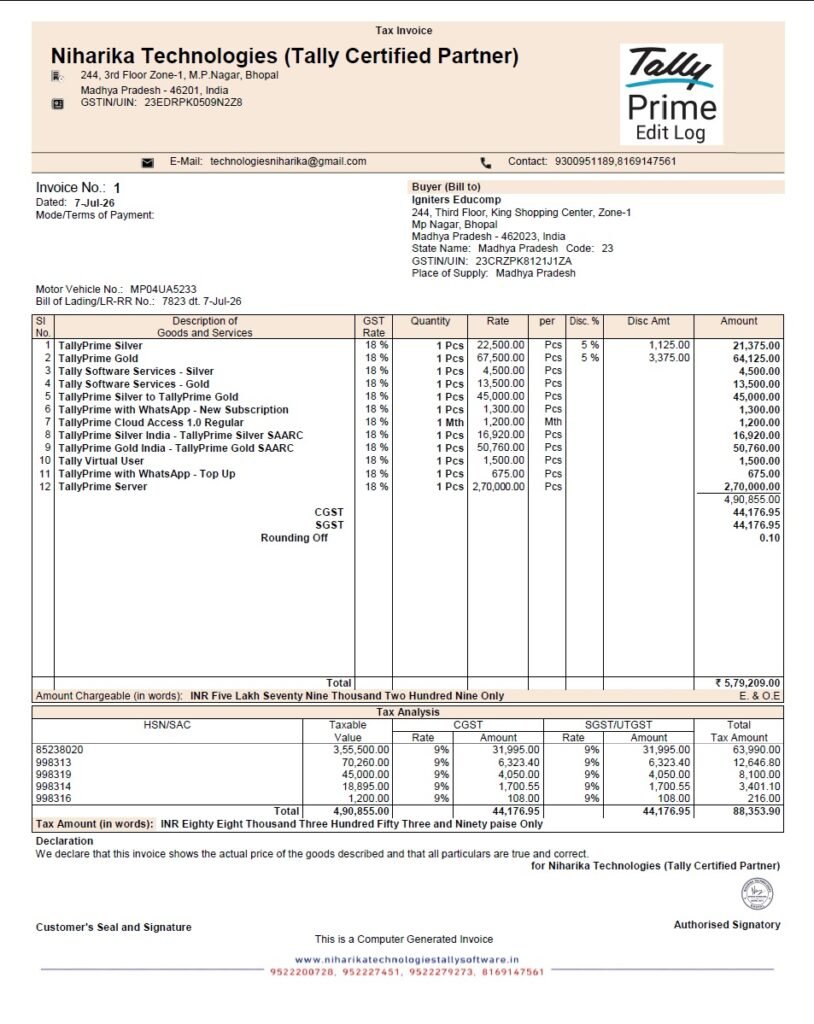 Tally Prime 7.1 Maximum Party Detail Invoice Format – Professional GST invoice template with detailed customer information, company logo, GSTIN, and branded print layout.