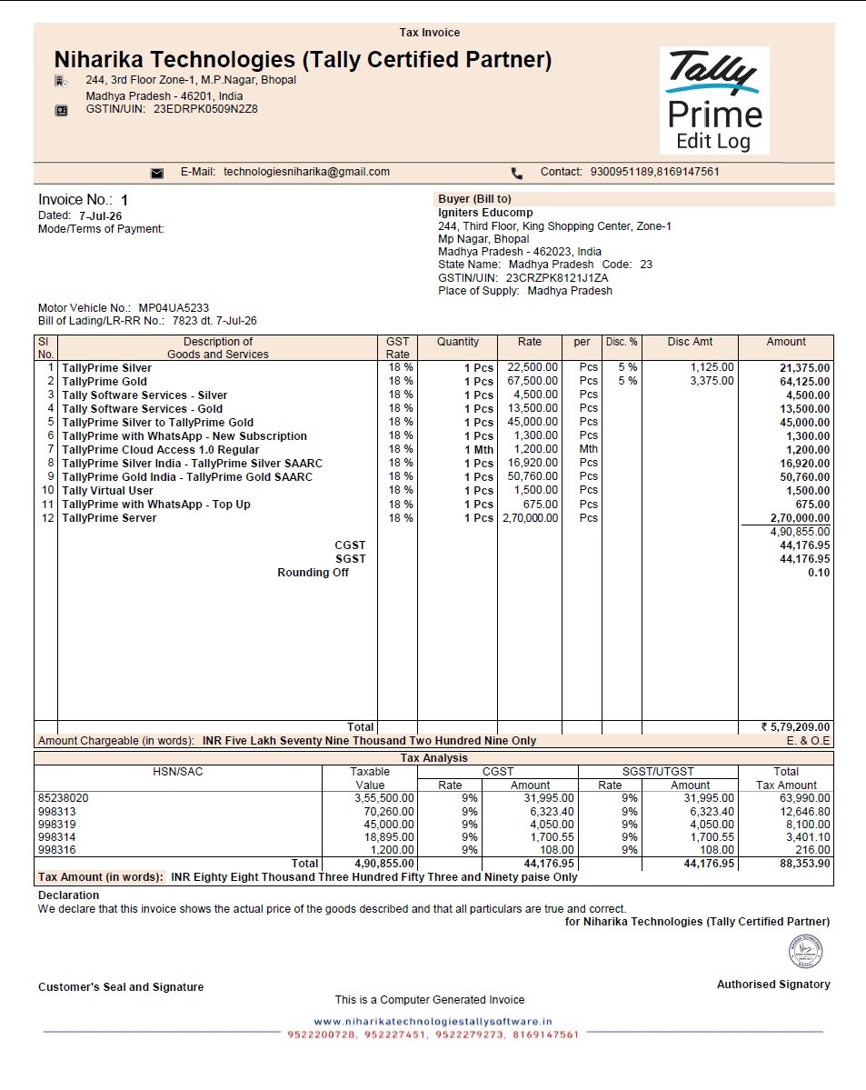 Tally Prime 7.1 Maximum Party Detail Invoice Format – Professional GST invoice template with detailed customer information, company logo, GSTIN, and branded print layout.