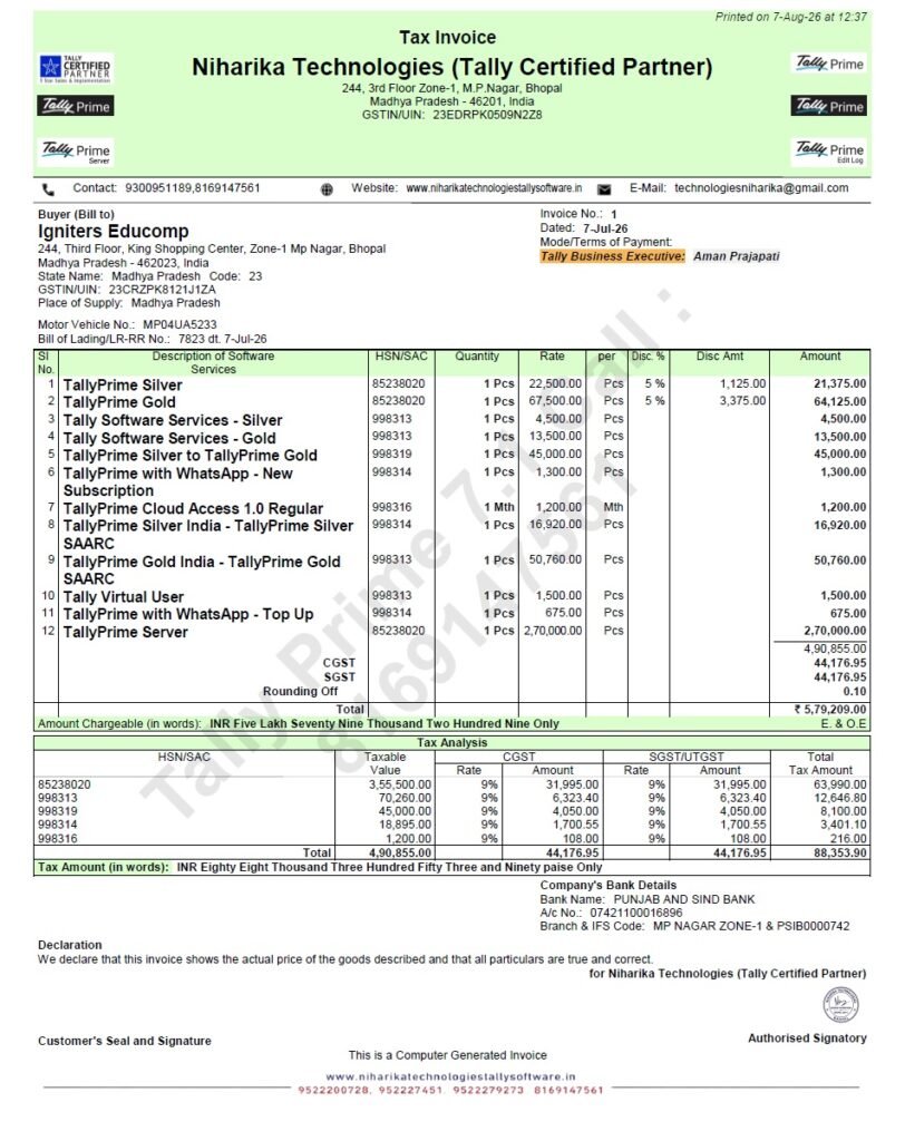 Tally Prime 7.1 Multiple Logo Invoice Template with GST-compliant layout, company branding, bank details, watermark, and professional tax invoice format.