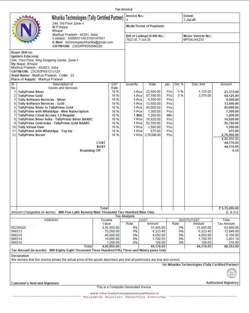 Tally Prime 7.1 Classic Invoice Format – Professional GST invoice template with a clean black-and-white design, company logo, GSTIN