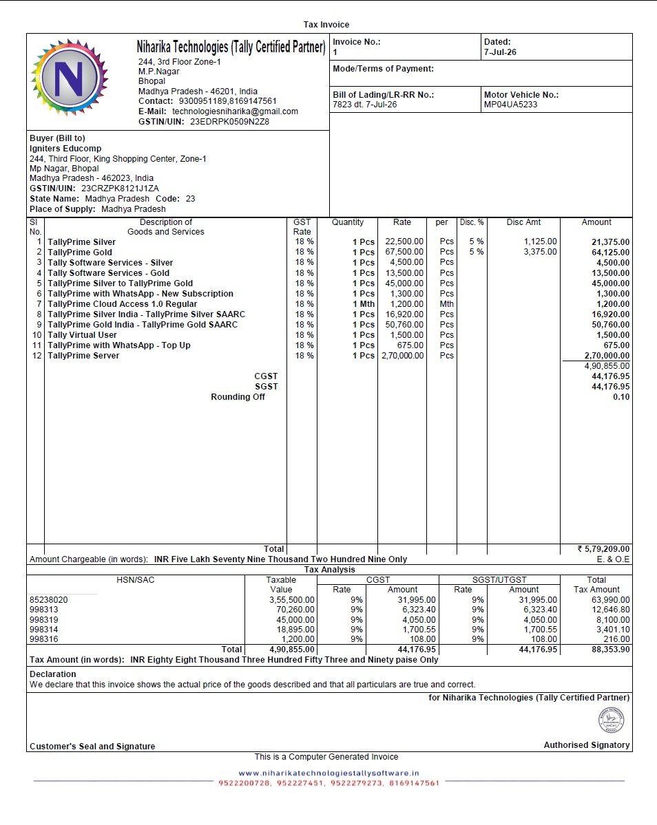 Tally Prime 7.1 Classic Invoice Format – Professional GST invoice template with a clean black-and-white design, company logo, GSTIN