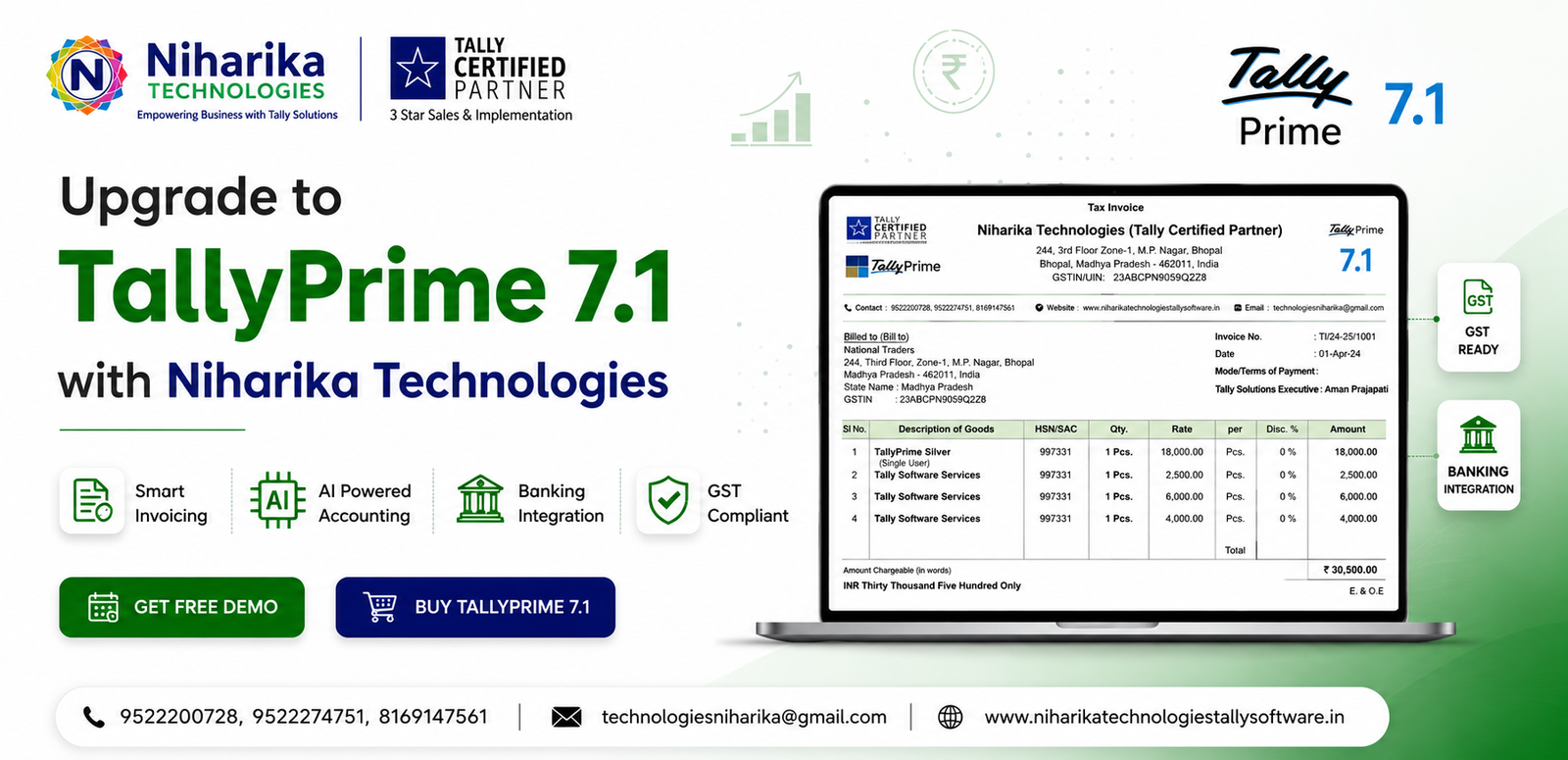 Upgrade to TallyPrime 7.1 banner by Niharika Technologies featuring Professional Invoice Templates, TallyIra AI, GST compliance, Banking Integration, Company Seal, 6 Logo support, and Tally Certified Partner.