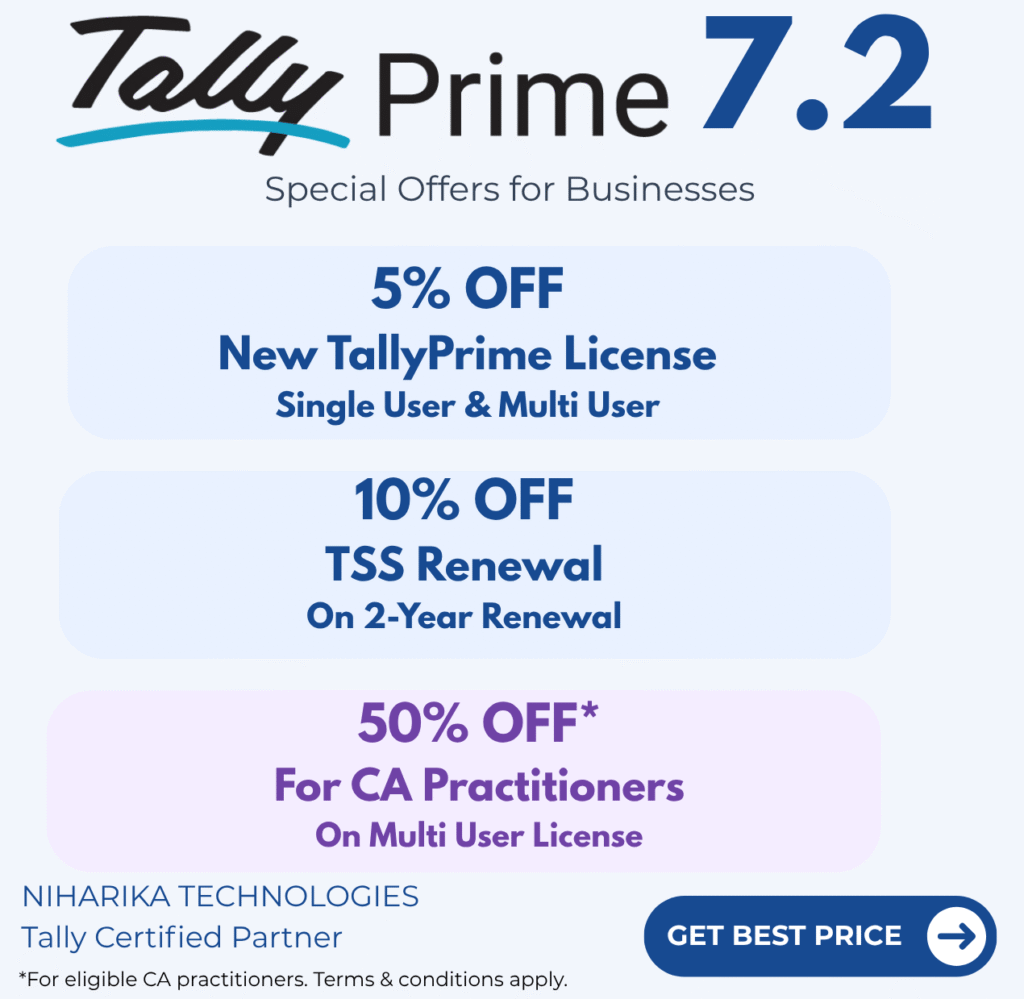 TallyPrime 7.2 offers by Niharika Technologies – 5% off new single-user and multi-user licenses, 10% off 2-year TSS renewal, and 50% off multi-user licenses for eligible CA practitioners.