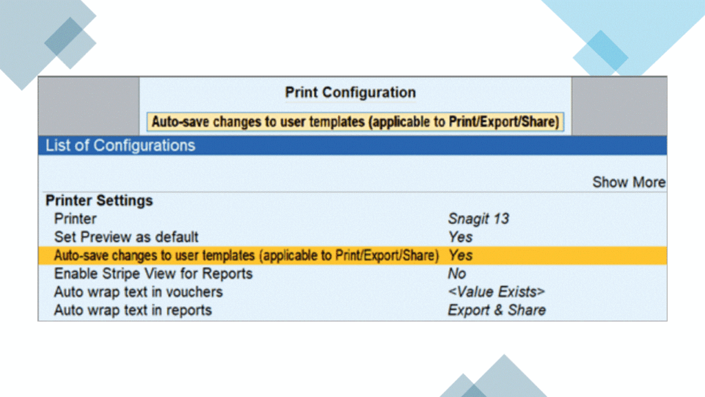 TallyPrime 7.2 Purchase Order print template auto-save settings