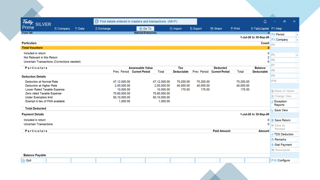 TallyPrime 7.2 TDS deduction report and tax details